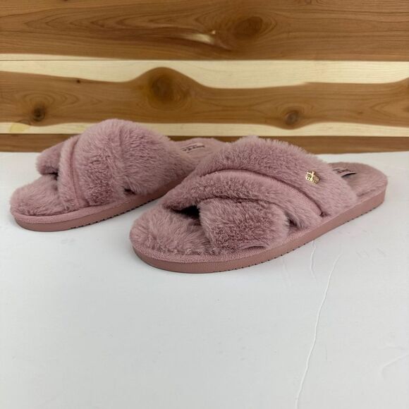 Juicy Couture Plush Fuzzy Cross‎ Strap Slides Mauve Pink Cozy Slippers sz 9/10 - Picture 1 of 8